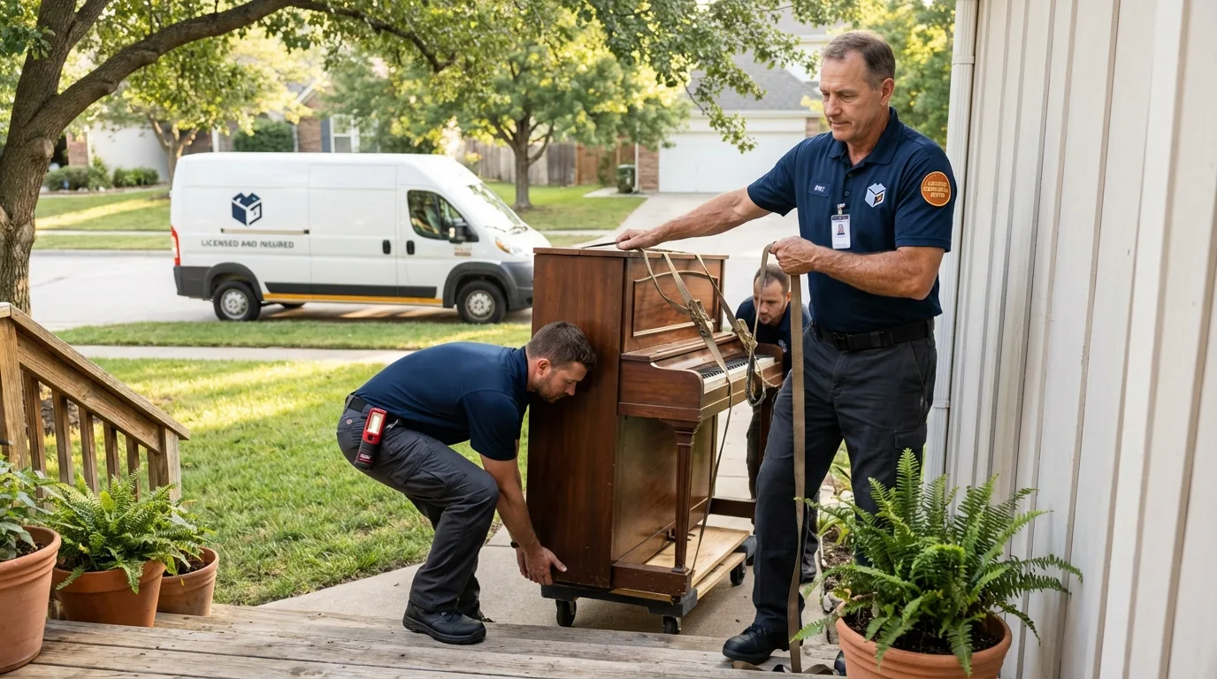 Licensed piano movers securing grand piano in Lunenburg, VT