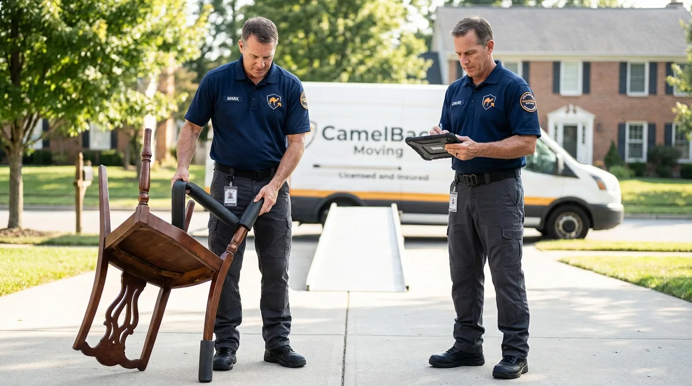 Movers inspecting furniture for damage prevention before loading in Lunenburg, VT