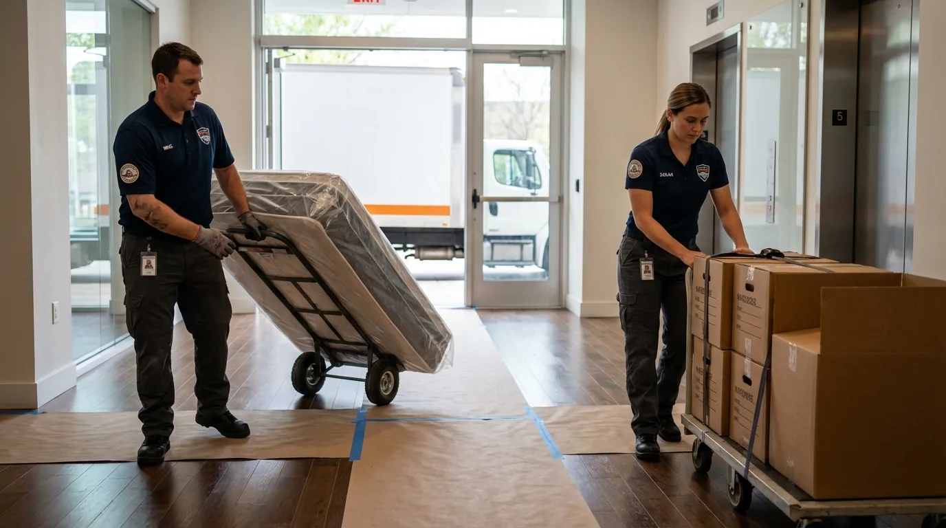 Professional apartment movers loading elevator in Lunenburg, VT