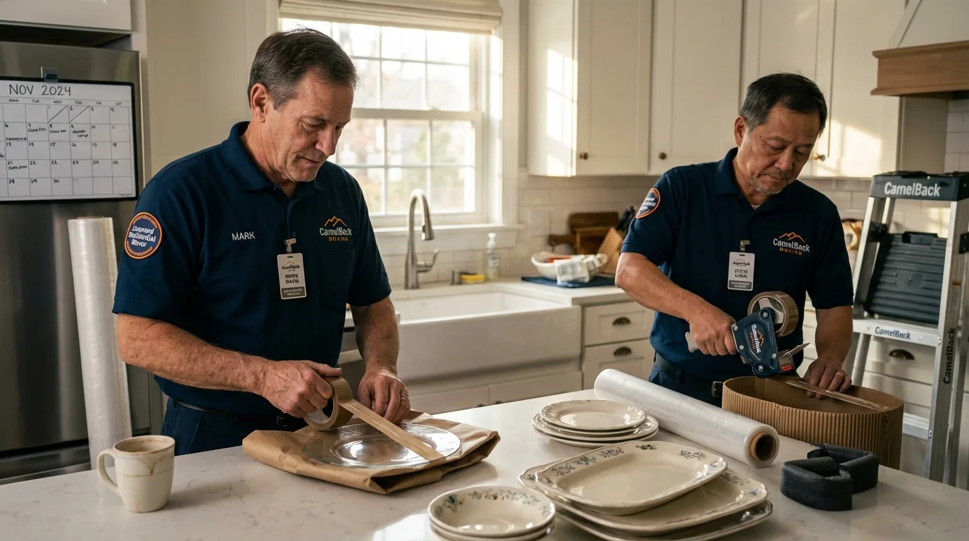 Professional crew packing kitchen dishware in Lunenburg, VT